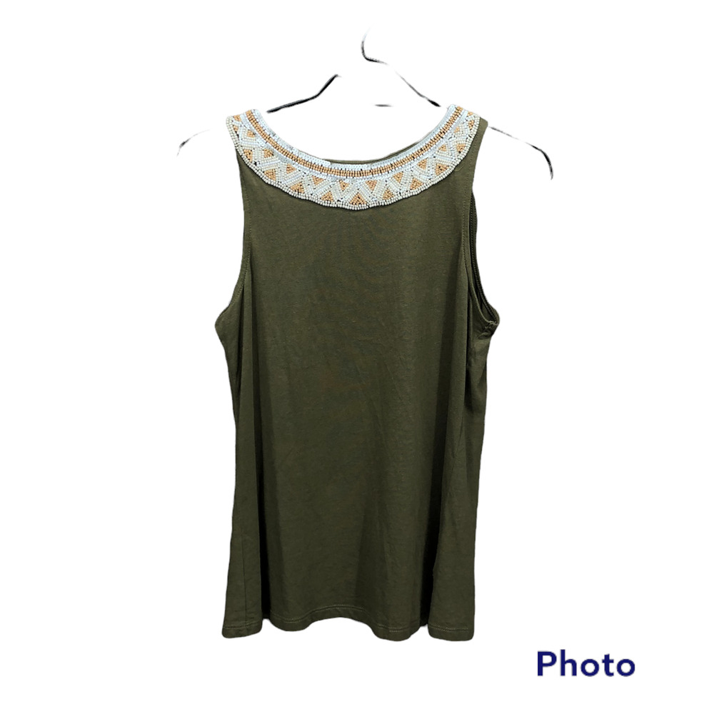 Lauren Ralph Lauren Women's Beaded Yoke Neck Sleeveless Top Size XS Olive Green